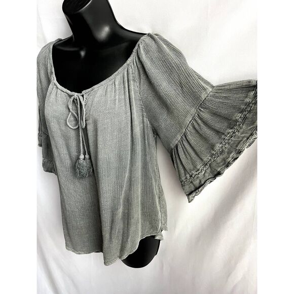Paper Crane Flutter Sleeve Peasant Boho Blouse Gauzy Top Fringe Tassel Gray M - Picture 4 of 11